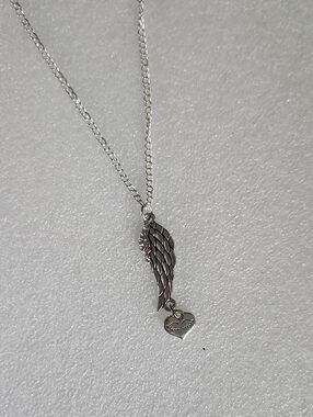 Hand Crafted Silver Angel Wing Necklace with Heart Charm